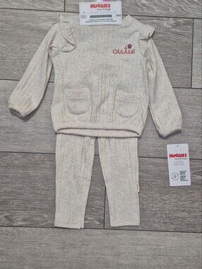 Huggies Brand Love & Hugs Cream Ribbed Baby Two-Piece Set With Ruffles- "cutie"